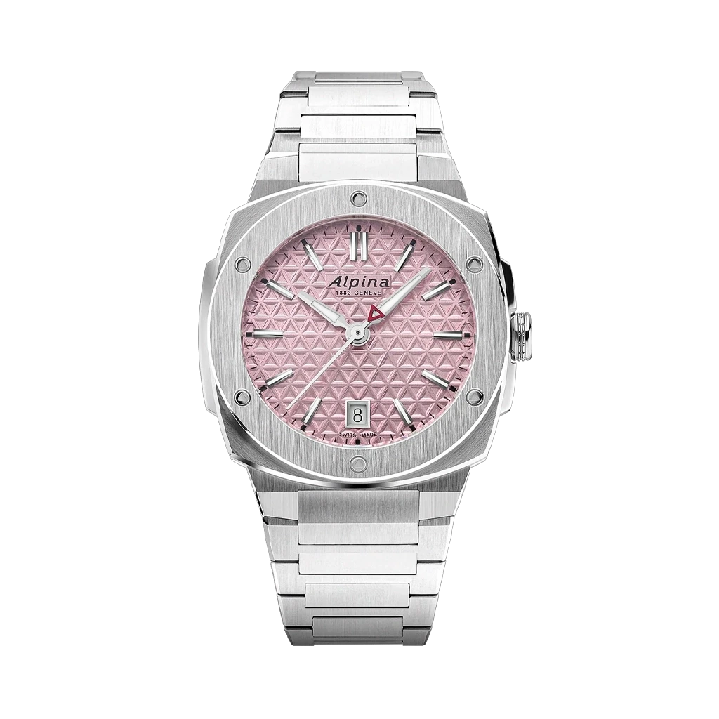 Alpina Alpiner Extreme Quartz dameklokke på 35,2 mm med kasse og lenke i stål og rosa skive.