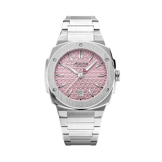 Alpina Alpiner Extreme Quartz dameklokke på 35,2 mm med kasse og lenke i stål og rosa skive.