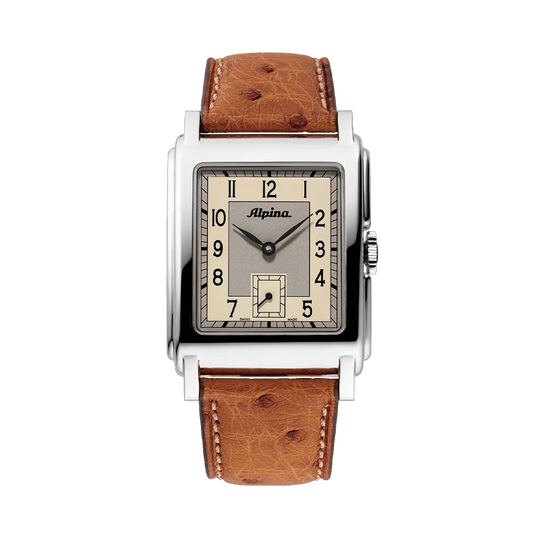 Alpina Heritage Carree Automatic 140 Years rektangulær herreklokke med lys tallskive, kasse i stål og rem av strutseskinn.