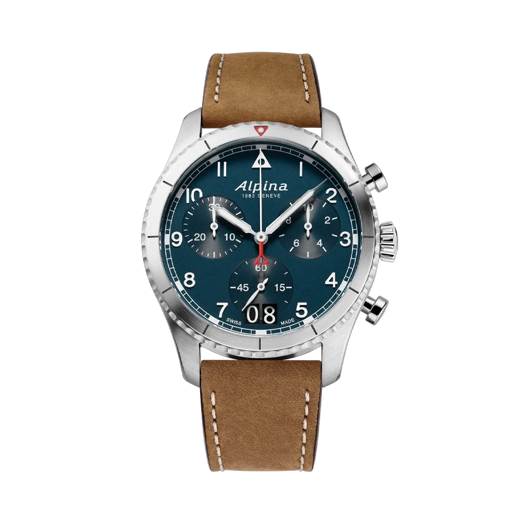Alpina Startimer Pilot Quartz Chronograph Big Date herreklokke med blå skive og brun skinnrem.