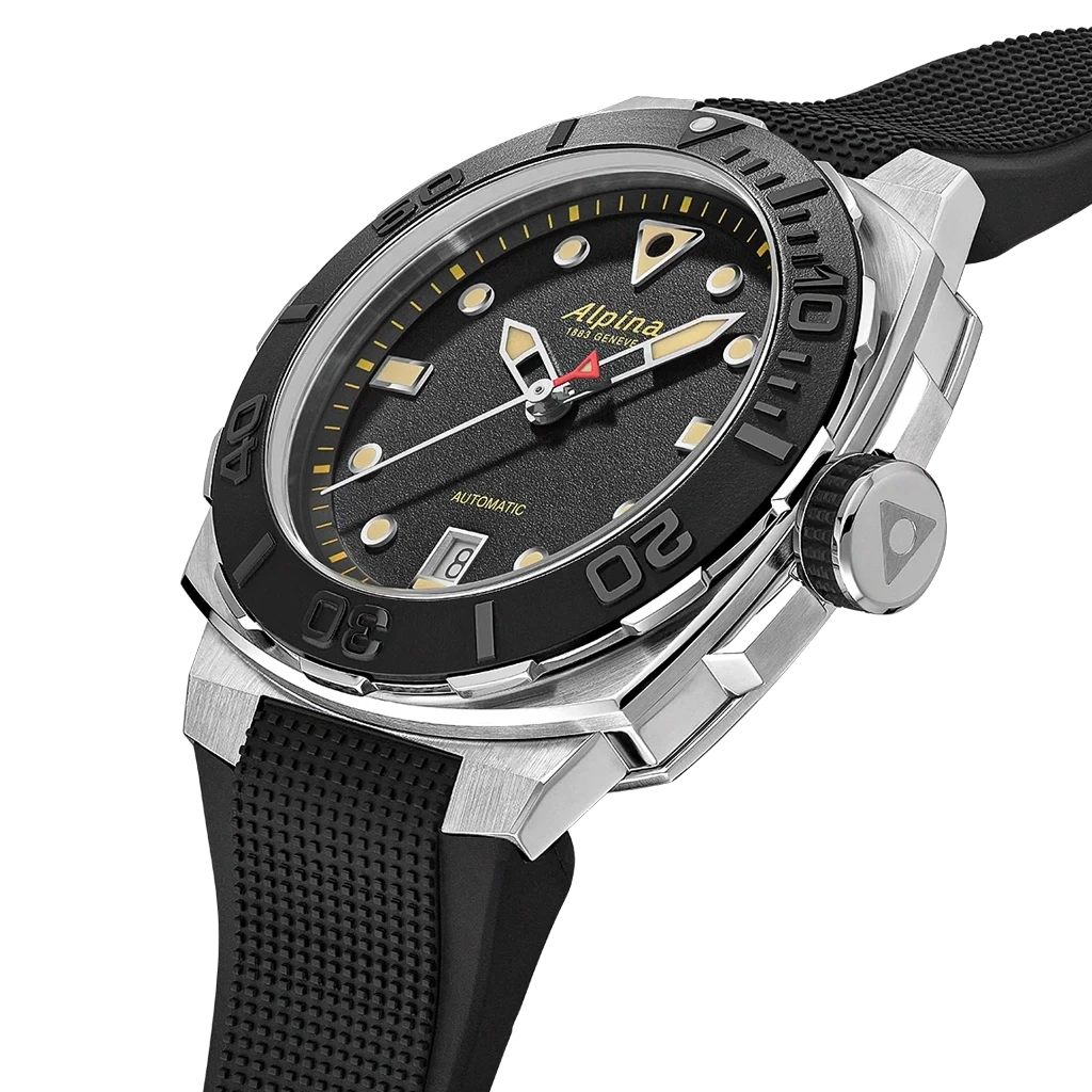 Alpina Seastrong Diver til herre med sort skive, sort gummirem og automatisk verk. 300 m vanntett.