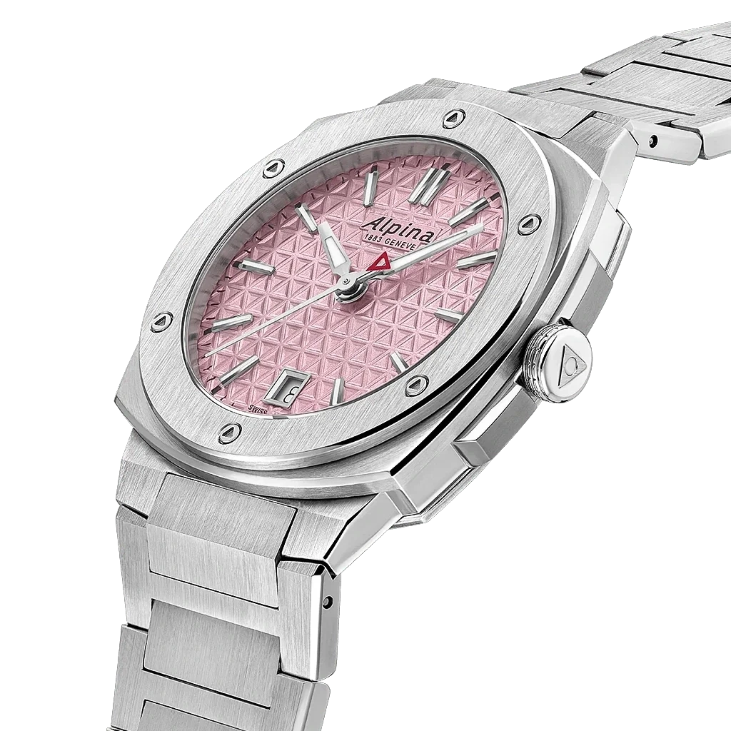 Alpina Alpiner Extreme Quartz dameklokke på 35,2 mm med kasse og lenke i stål og rosa skive.