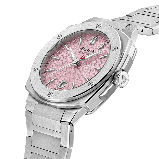 Alpina Alpiner Extreme Quartz dameklokke på 35,2 mm med kasse og lenke i stål og rosa skive.