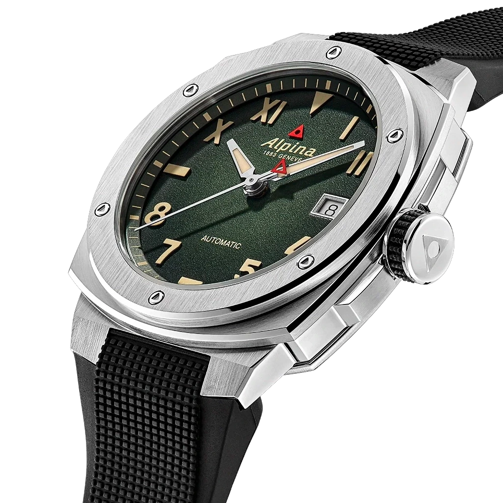 Alpina Alpiner Extreme Automatic California herreklokke med grønn skive, kasse i stål og sort gummirem med foldelås.