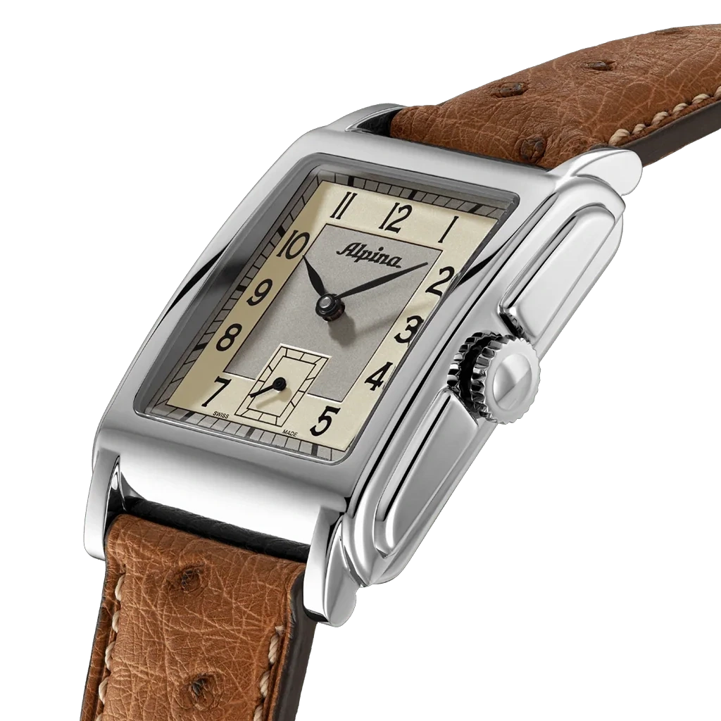 Alpina Heritage Carree Automatic 140 Years rektangulær herreklokke med lys tallskive, kasse i stål og rem av strutseskinn.