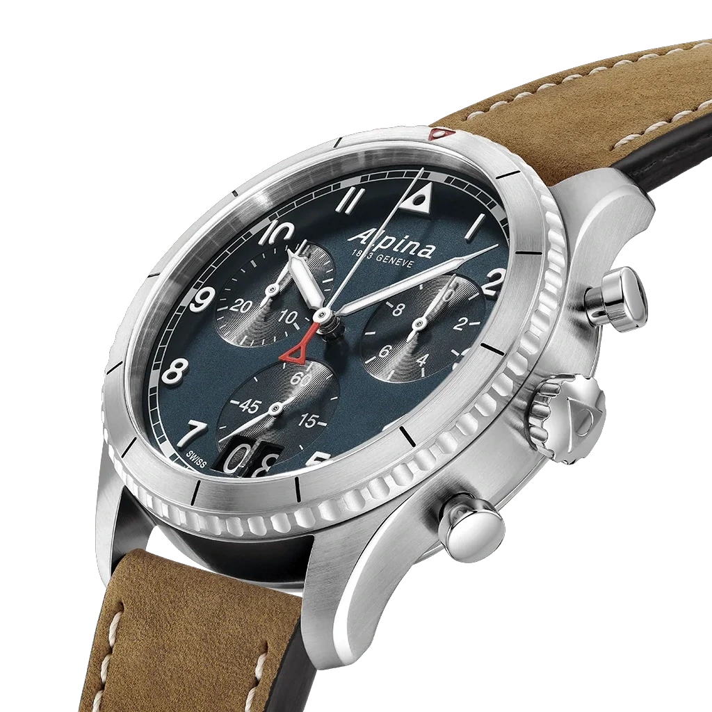 Alpina Startimer Pilot Quartz Chronograph Big Date herreklokke med blå skive og brun skinnrem.
