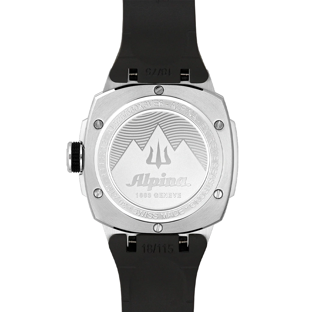 Alpina Seastrong Diver til herre med sort skive, sort gummirem og automatisk verk. 300 m vanntett.