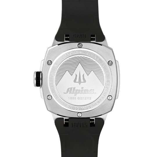 Alpina Seastrong Diver til herre med sort skive, sort gummirem og automatisk verk. 300 m vanntett.