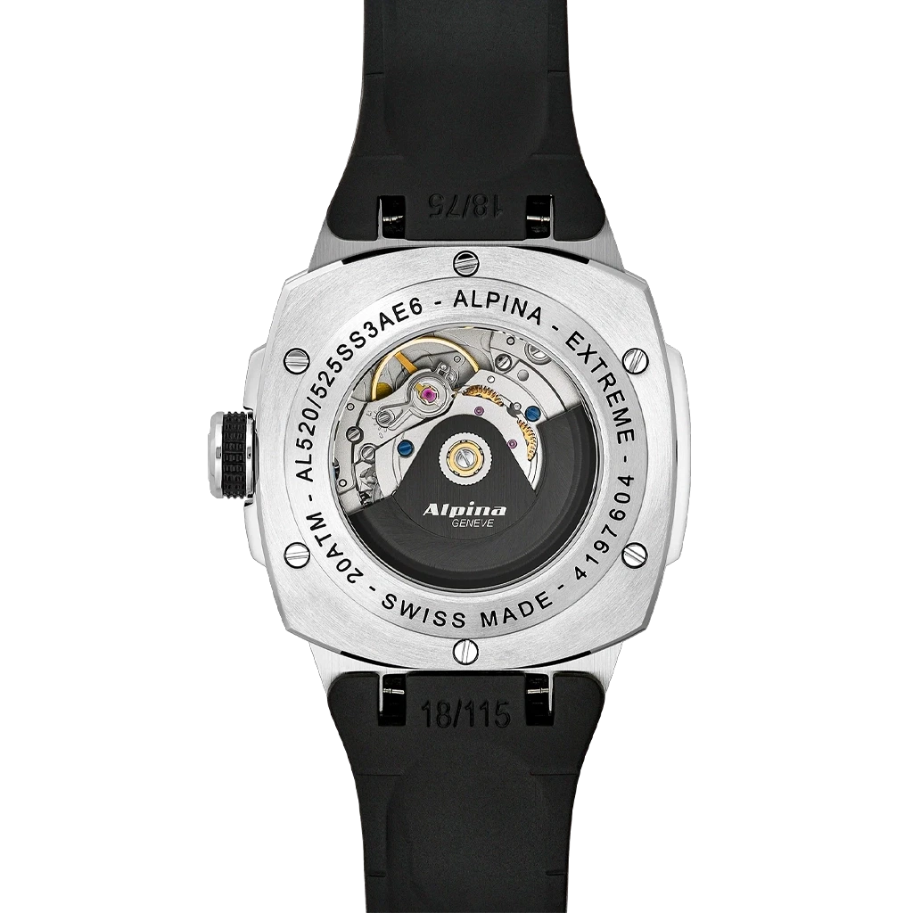 Alpina Alpiner Extreme Automatic California herreklokke med grønn skive, kasse i stål og sort gummirem med foldelås.