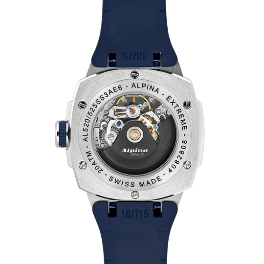 Alpina Alpiner Extreme Skeleton Automatic herreklokke med gjennomsiktig skive, kasse i stål og blå gummirem med foldelås.