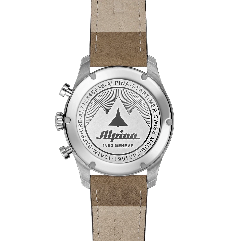 Alpina Startimer Pilot Quartz Chronograph Big Date herreklokke med blå skive og brun skinnrem.