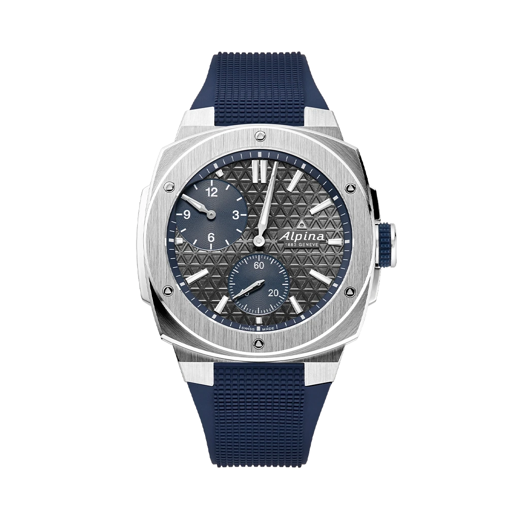 Alpina Alpiner med regulator, automatisk verk, grå skive og blå gummirem. Kasse i stål - 200 meter vanntett.
