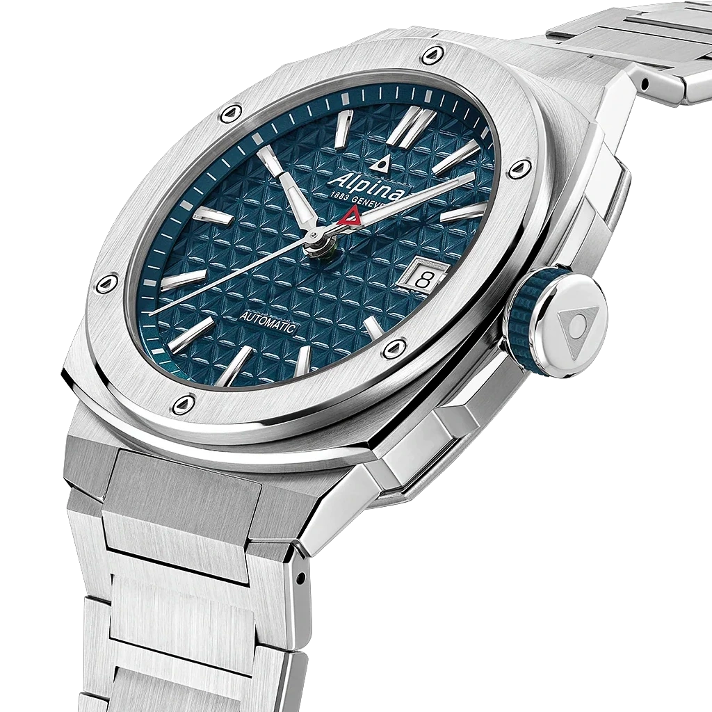 Alpina Alpiner Extreme Automatic herreklokke med automatisk verk, kasse og lenke i stål og blå tallskive.