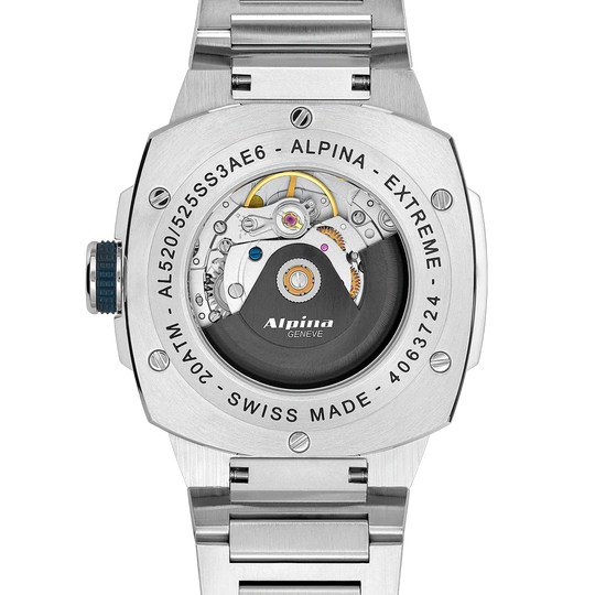 Alpina Alpiner Extreme Automatic herreklokke med automatisk verk, kasse og lenke i stål og blå tallskive.