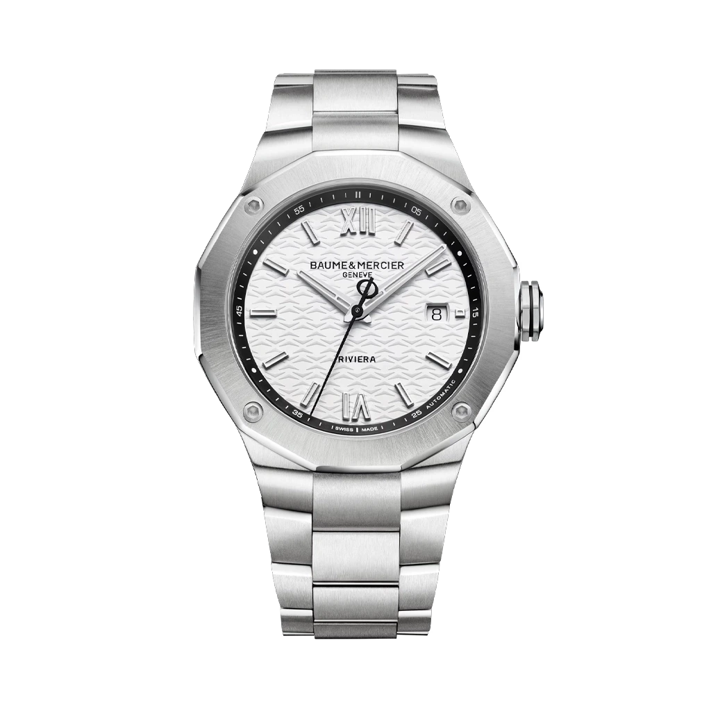 Baume & Mercier Riviera til herre på 42 mm med automatisk verk, grå skive og stållenke. 100 meter vanntett.