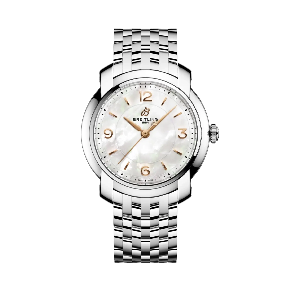 Breitling Premier dameklokke på 32 mm i stål med hvit perlemorskrive og quartzverk.