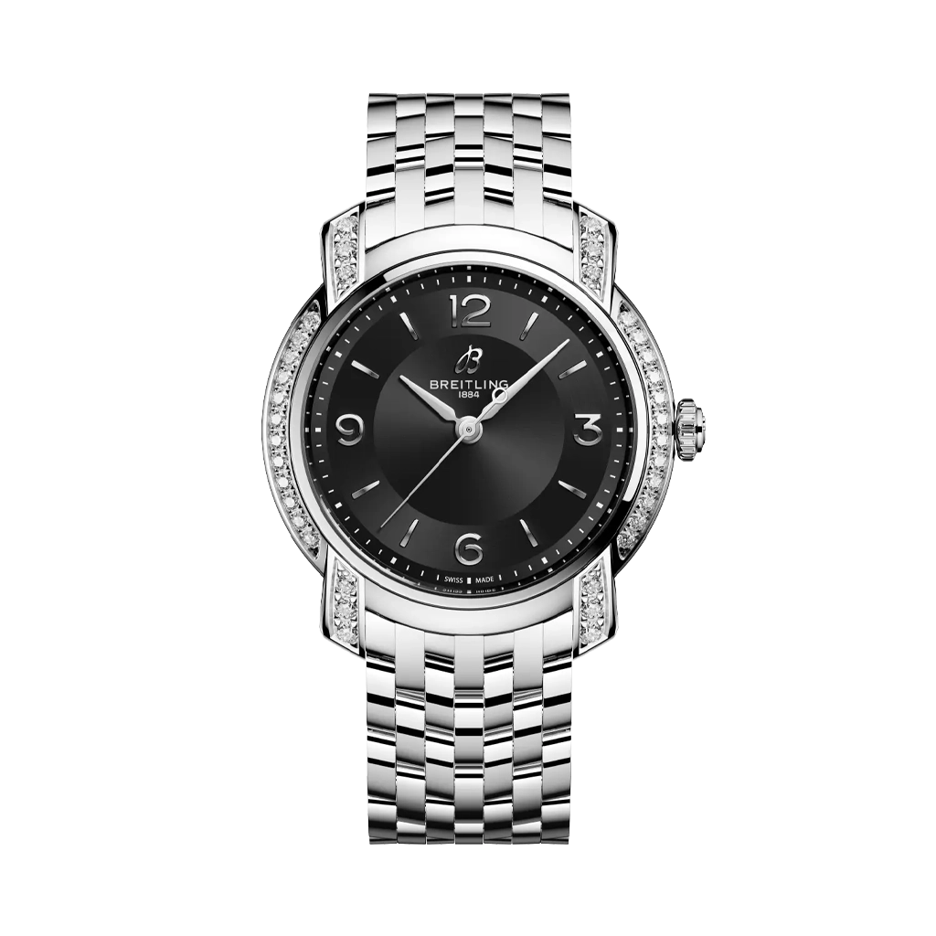 Breitling Premier dameklokke på 32 mm med kasse i stål med diamanter og stållenke. Sort tallskive, quartzverk og 100 meter vanntett.
