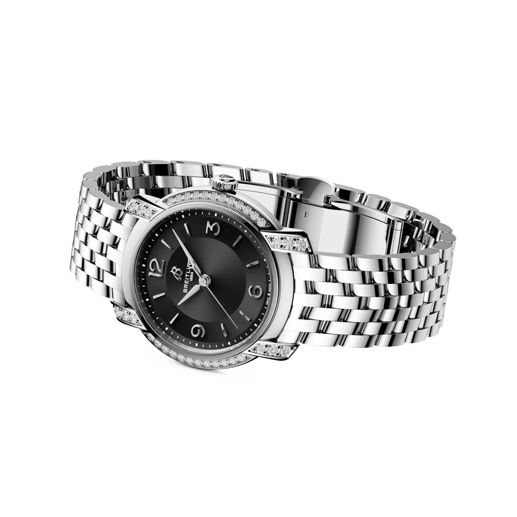 Breitling Premier dameklokke på 32 mm med kasse i stål med diamanter og stållenke. Sort tallskive, quartzverk og 100 meter vanntett.