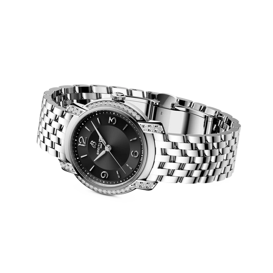 Breitling Premier dameklokke på 32 mm med kasse i stål med diamanter og stållenke. Sort tallskive, quartzverk og 100 meter vanntett.