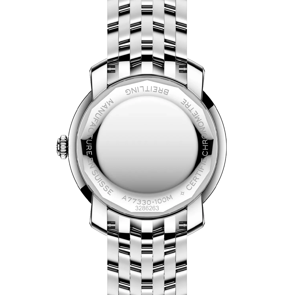 Breitling Premier dameklokke på 32 mm med kasse i stål med diamanter og stållenke. Sort tallskive, quartzverk og 100 meter vanntett.