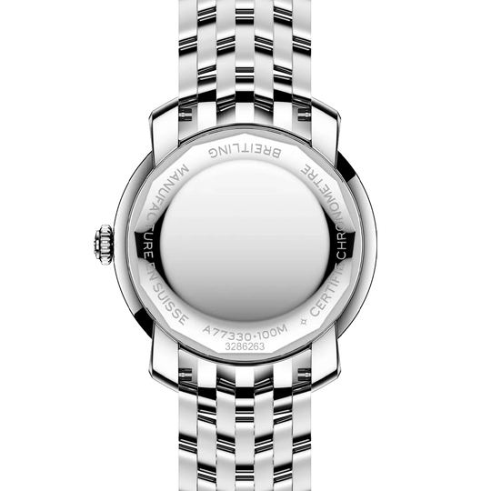 Breitling Premier dameklokke på 32 mm med kasse i stål med diamanter og stållenke. Sort tallskive, quartzverk og 100 meter vanntett.