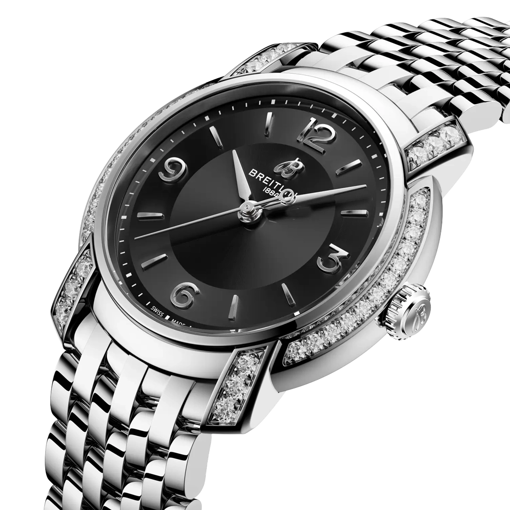 Breitling Premier dameklokke på 32 mm med kasse i stål med diamanter og stållenke. Sort tallskive, quartzverk og 100 meter vanntett.