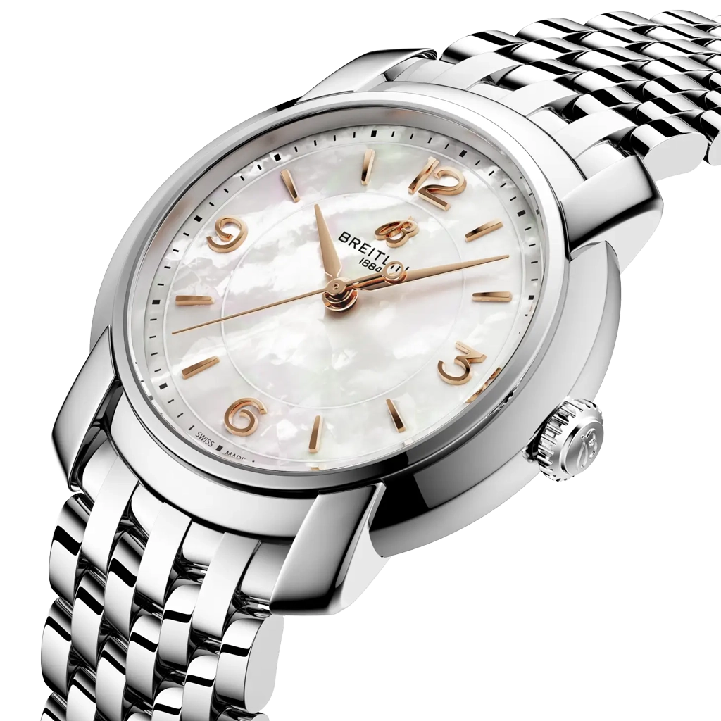 Breitling Premier dameklokke på 32 mm i stål med hvit perlemorskrive og quartzverk.