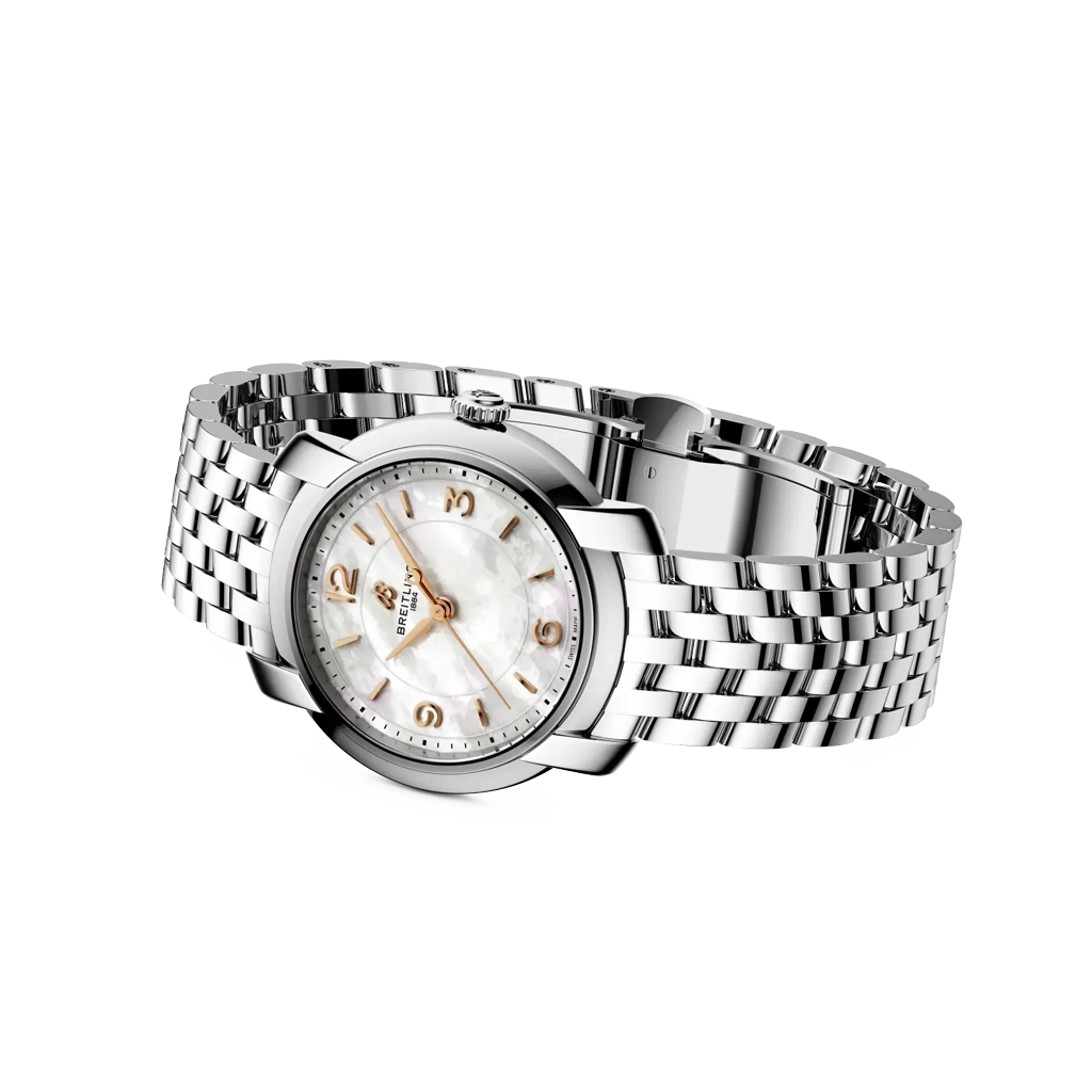 Breitling Premier dameklokke på 32 mm i stål med hvit perlemorskrive og quartzverk.