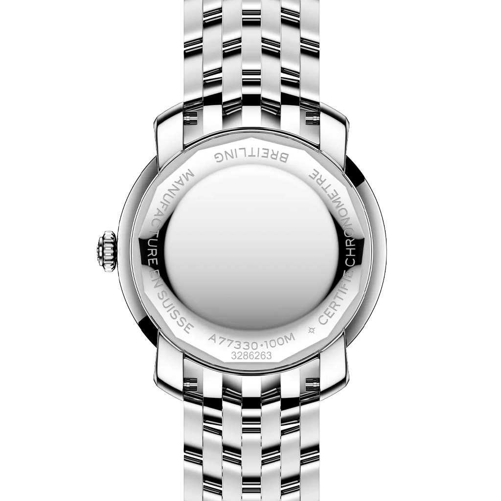 Breitling Premier dameklokke på 32 mm i stål med hvit perlemorskrive og quartzverk.