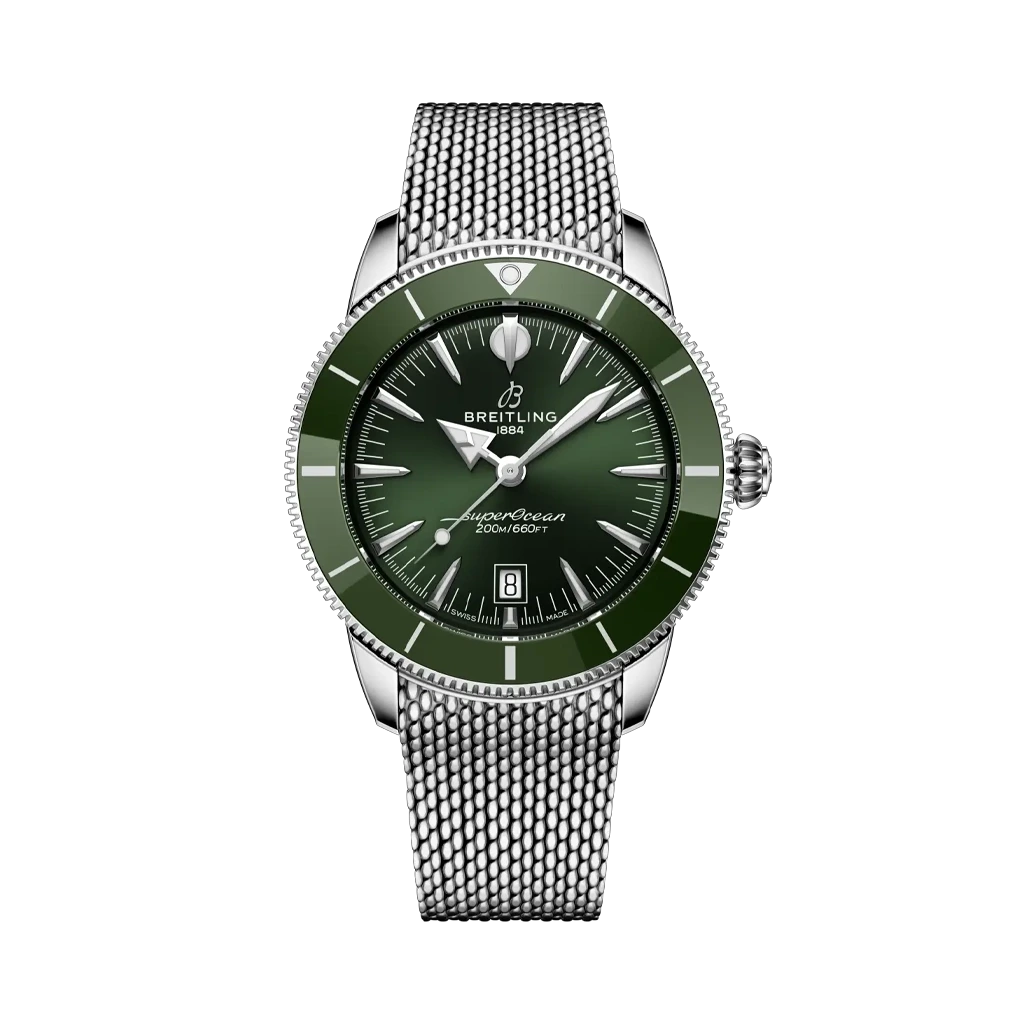 Breitling Superocean Heritage B31 Automatic 44 herreklokke med grønnskive og stållenke.