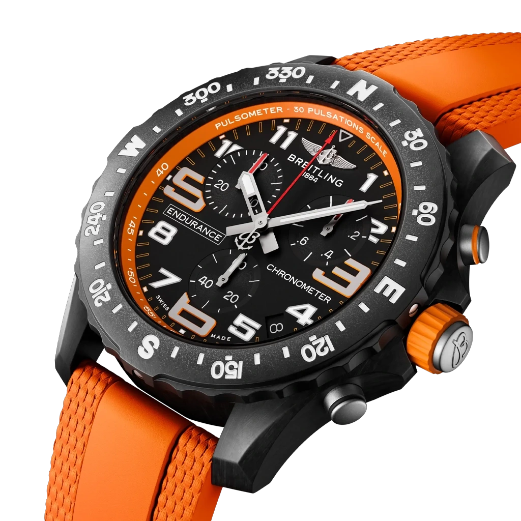 Breitling Endurance Pro 44 mm X82310A51B1S2 herreklokke med sort kasse i Breitlight, sort skive og oransje gummirem