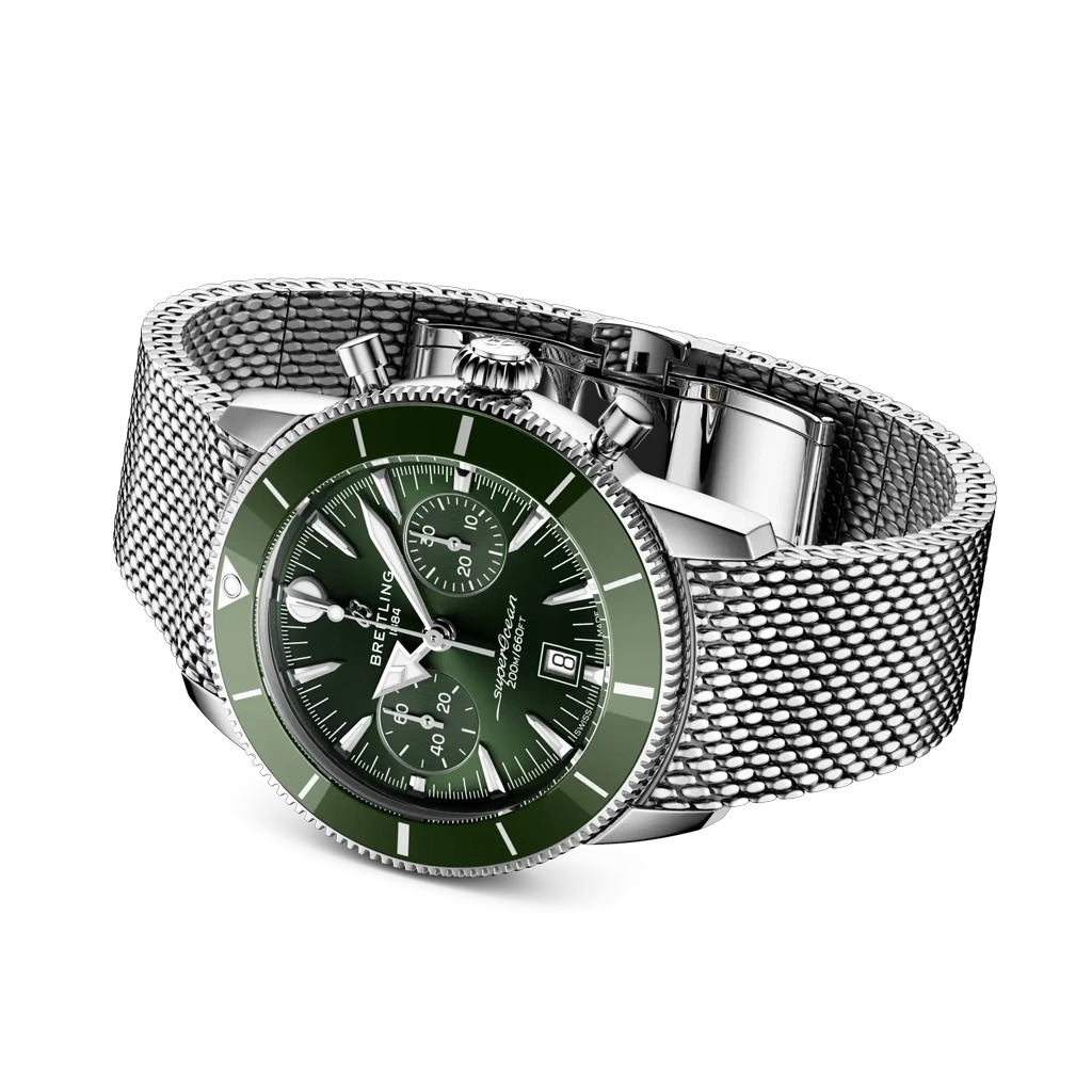 Breitling Superocean Heritage B01 Chronograph 42 mm med grønn skive, grønn bezel, kronograf og meshlenke i stål