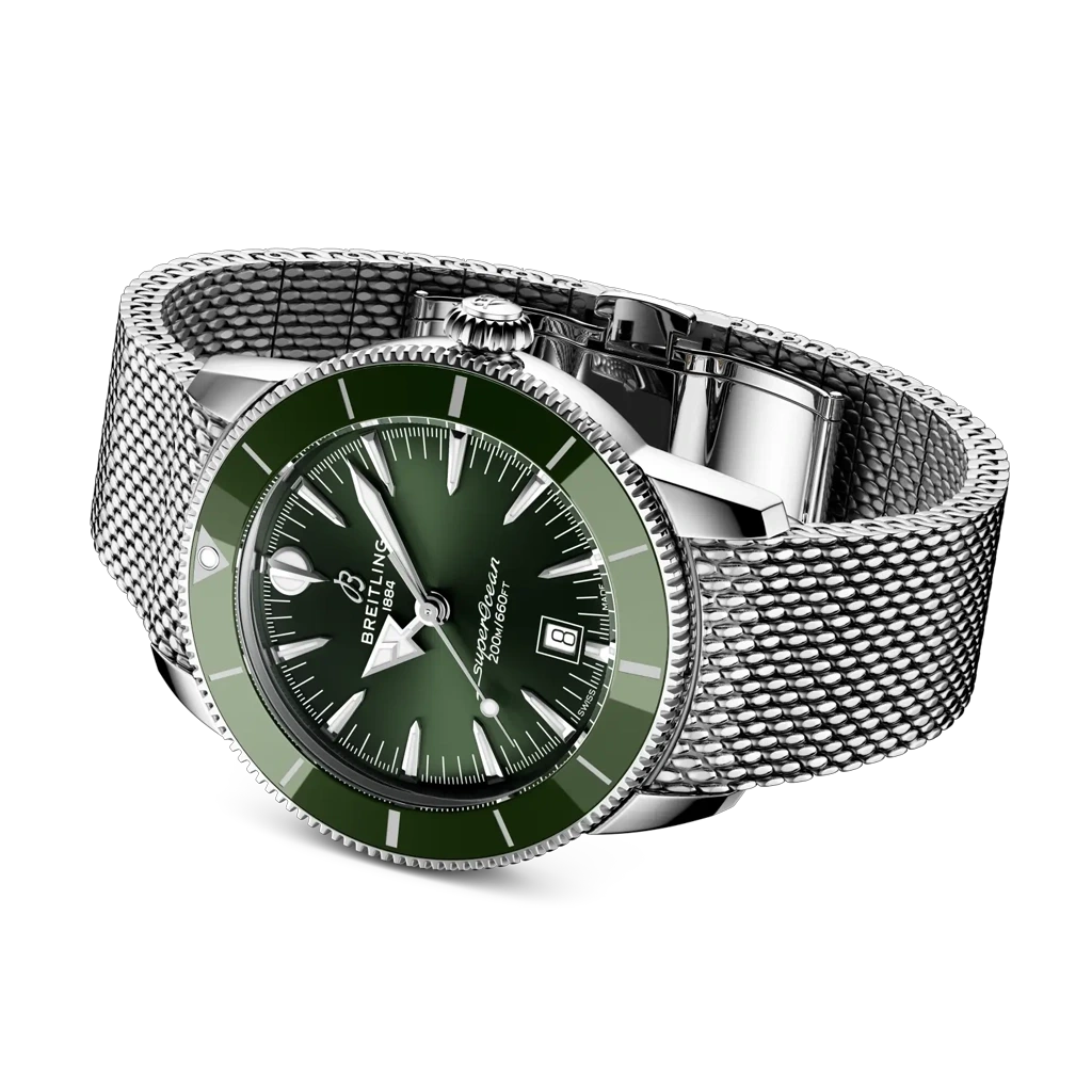 Breitling Superocean Heritage B31 Automatic 44 herreklokke med grønnskive og stållenke.