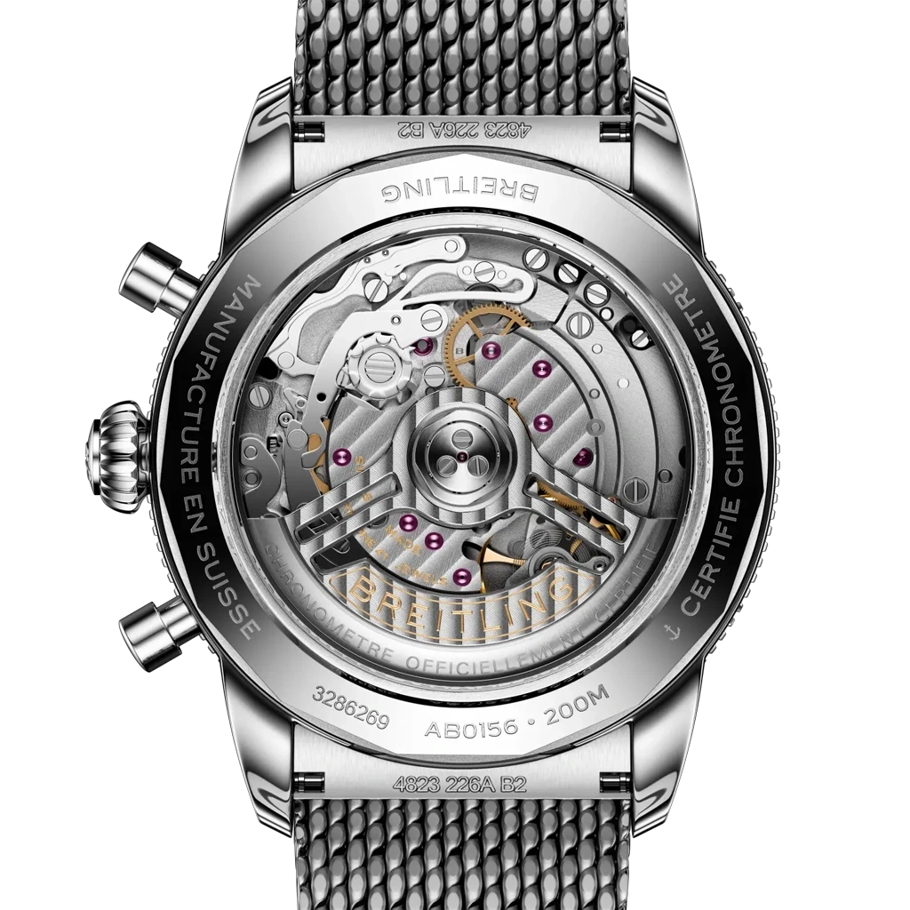 Breitling Superocean Heritage B01 Chronograph 42 mm med grønn skive, grønn bezel, kronograf og meshlenke i stål