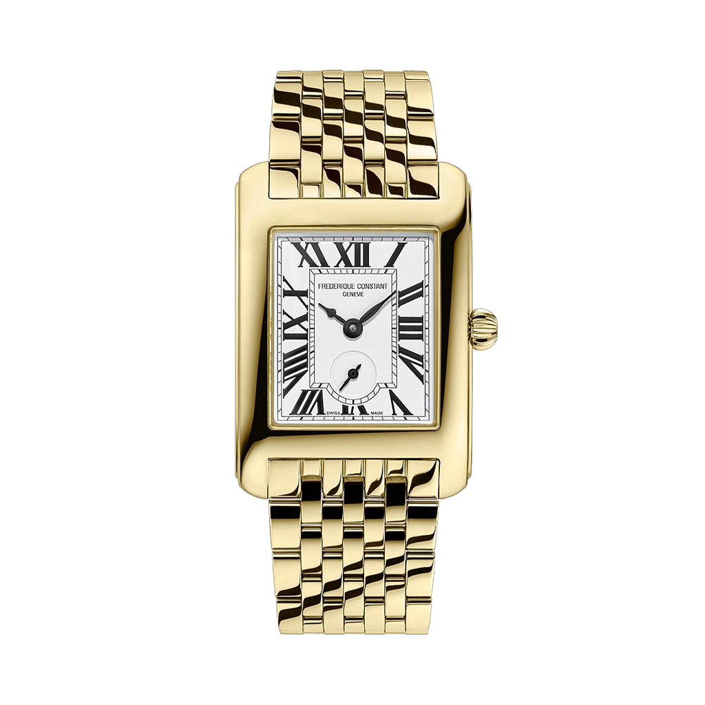Classics Carree til dame med hvit tallskive med egen subdial for sekunder. Gullfarget kasse og sort skinnrem. 50 meter vanntett.