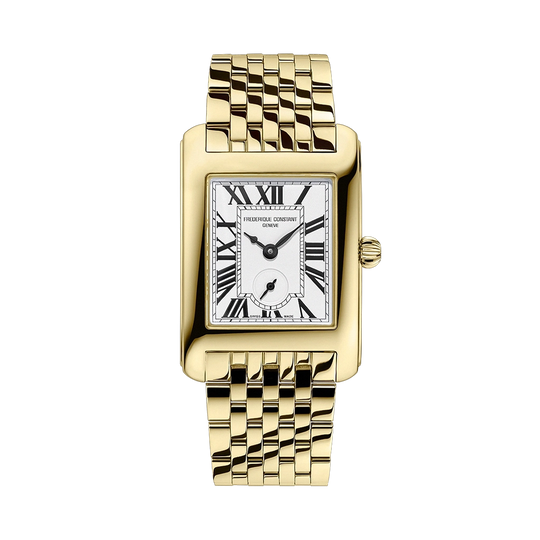 Classics Carree til dame med hvit tallskive med egen subdial for sekunder. Gullfarget kasse og sort skinnrem. 50 meter vanntett.