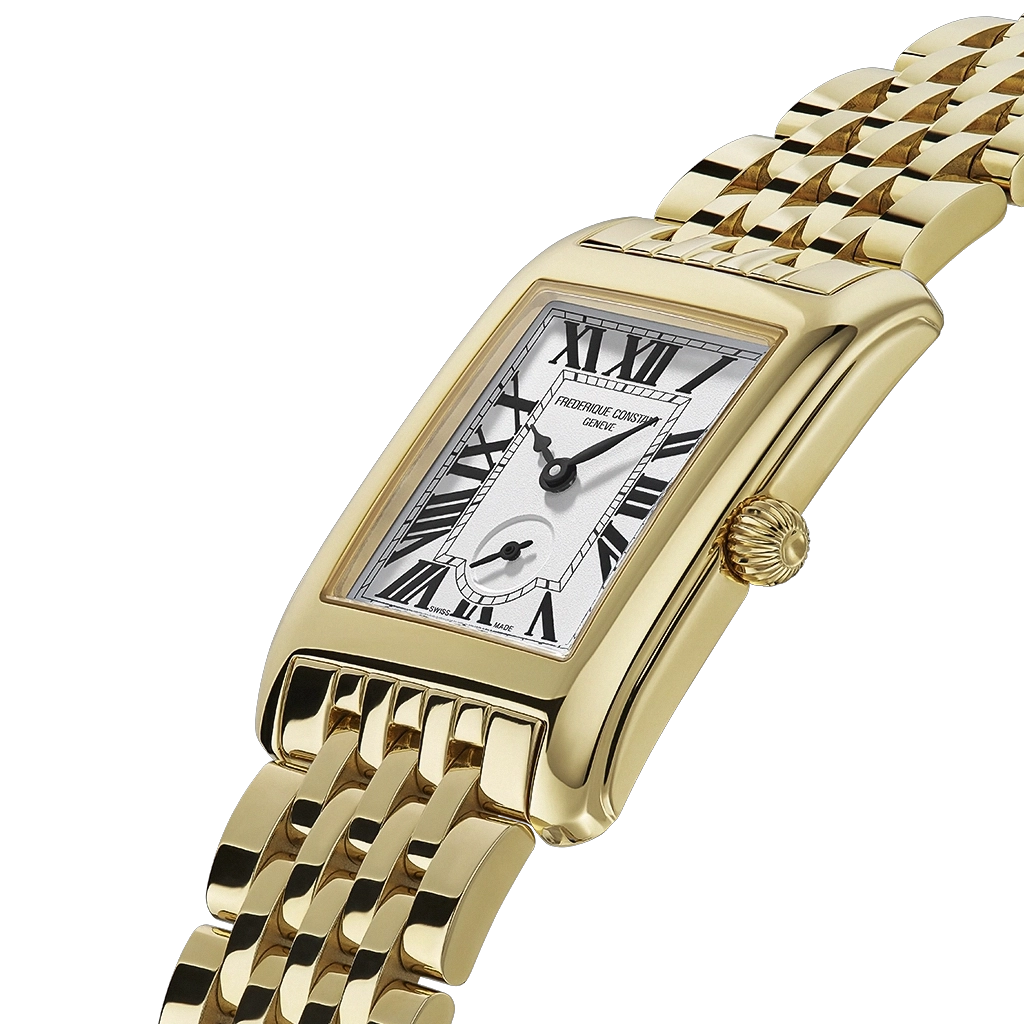 Classics Carree til dame med hvit tallskive med egen subdial for sekunder. Gullfarget kasse og sort skinnrem. 50 meter vanntett.