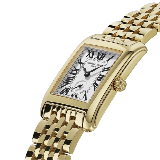 Classics Carree til dame med hvit tallskive med egen subdial for sekunder. Gullfarget kasse og sort skinnrem. 50 meter vanntett.