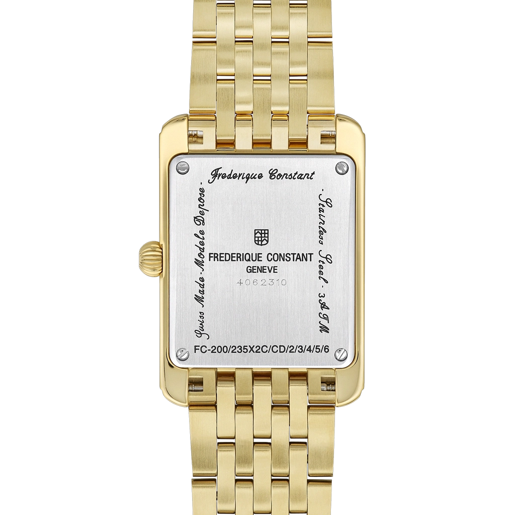 Classics Carree til dame med hvit tallskive med egen subdial for sekunder. Gullfarget kasse og sort skinnrem. 50 meter vanntett.