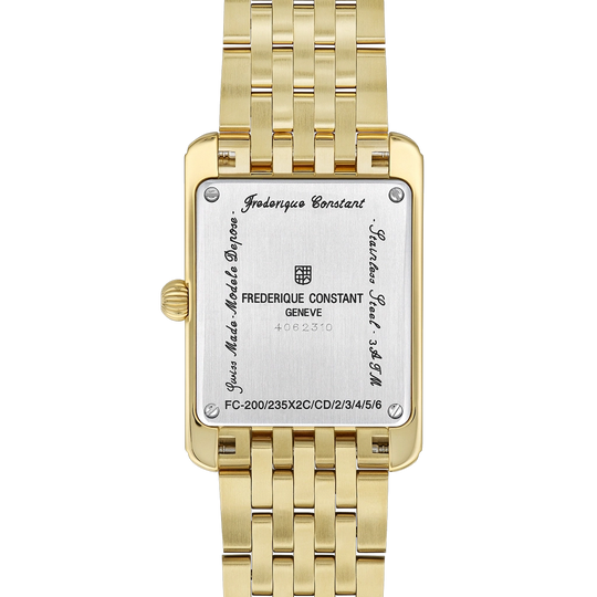 Classics Carree til dame med hvit tallskive med egen subdial for sekunder. Gullfarget kasse og sort skinnrem. 50 meter vanntett.