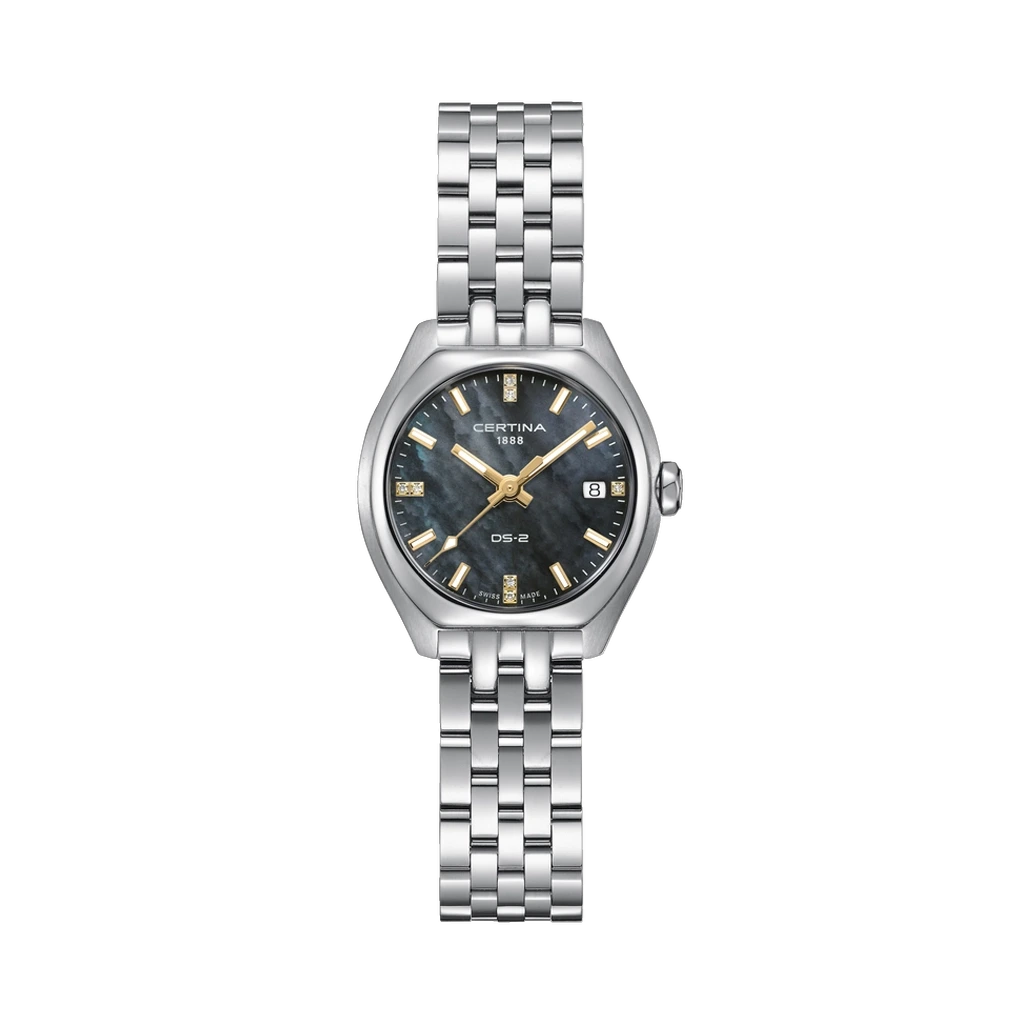 Certina DS-2 Lady C049.210.11.126.01 dameklokke med sort perlemorskive, quartzverk og lenke i stål. 