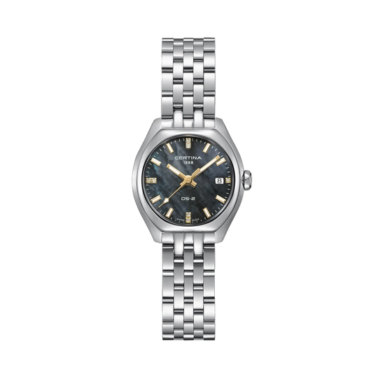 Certina DS-2 Lady C049.210.11.126.01 dameklokke med sort perlemorskive, quartzverk og lenke i stål. 