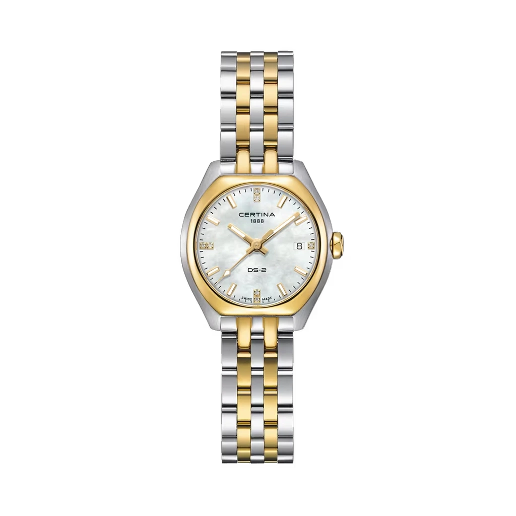 Certina DS-2 Lady 049.210.22.116.00 dameklokke med hvit perlemorskive, quartzverk og lenke i tofarget stål.