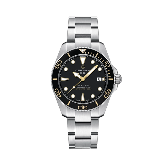 Certina DS Action Diver Powermatic 80 C048.407.11.051.01herreklokke med sort skive og kasse og lenke i stål.