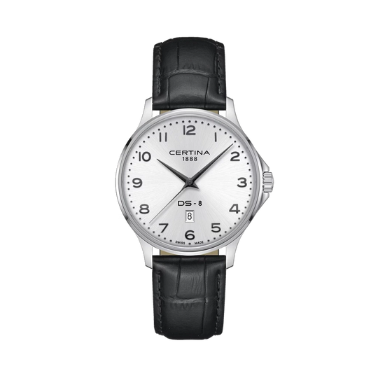 Certina DS-8 Gent C045.410.16.032.00 herreklokke på 40 mm med quartzverk, sølvfarget skive, tall og skinnrem. 