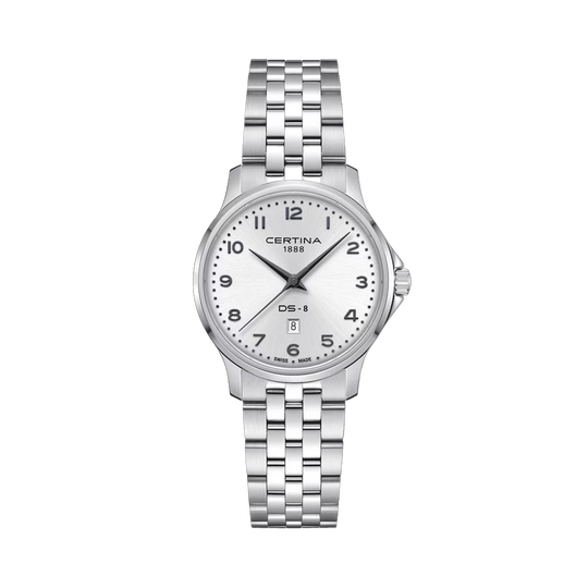 Certina DS-8 Lady C045.010.11.032.00 dameklokke på 31 mm med sølvfarget skive, skinnrem og quartzverk. 100 meter vanntett.