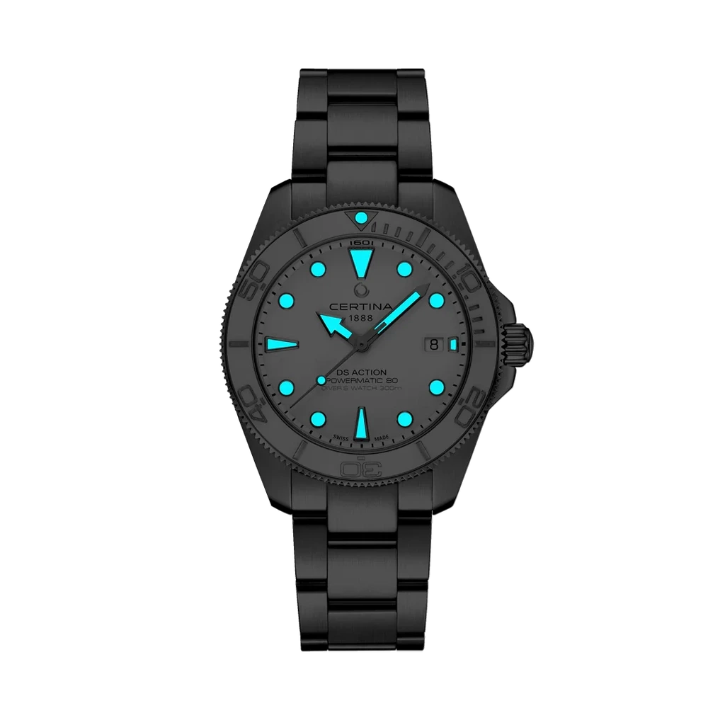 Certina DS Action Diver Powermatic 80 C048.407.11.011.00 herreklokke på 40,5 i stål med automatisk verk, keramisk bezel og hvit skive.