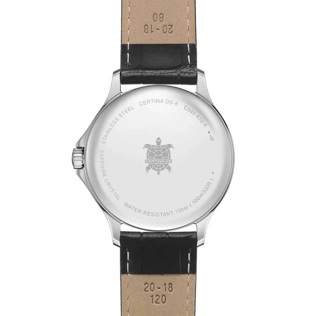 Certina DS-8 Gent C045.410.16.032.00 herreklokke på 40 mm med quartzverk, sølvfarget skive, tall og skinnrem. 