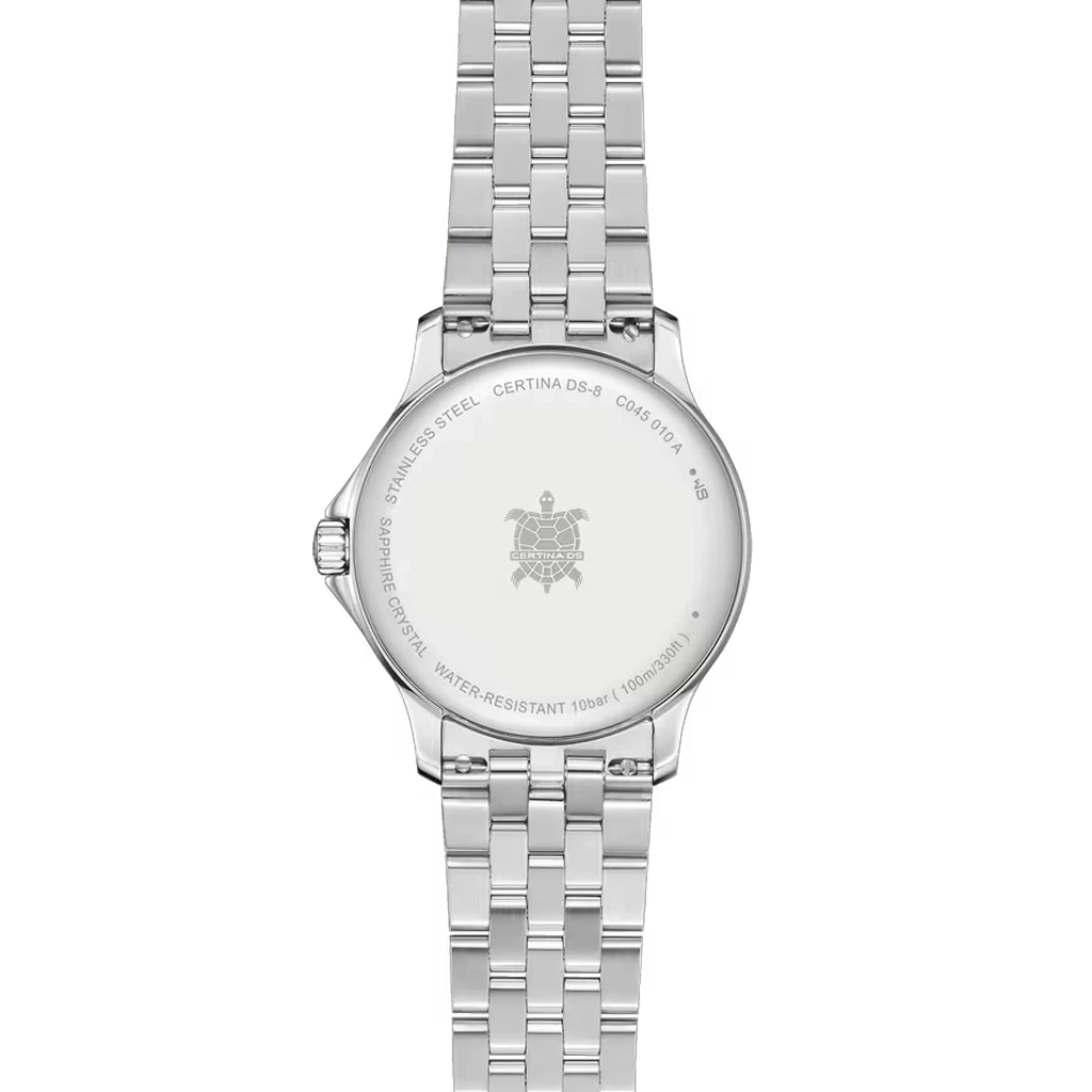 Certina DS-8 Lady C045.010.11.032.00 dameklokke på 31 mm med sølvfarget skive, skinnrem og quartzverk. 100 meter vanntett.