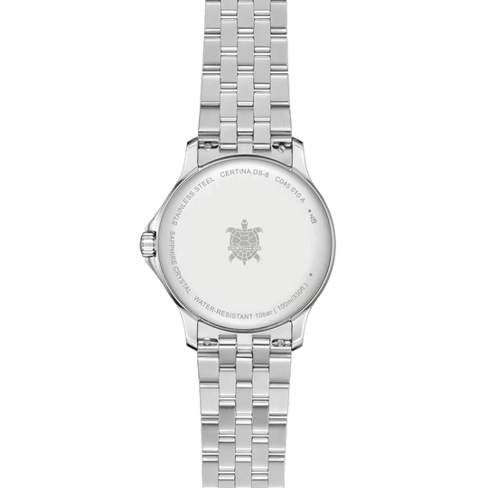 Certina DS-8 Lady C045.010.11.032.00 dameklokke på 31 mm med sølvfarget skive, skinnrem og quartzverk. 100 meter vanntett.